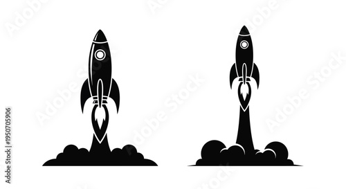 Two rocket ships launching with fiery trails a striking silhouette