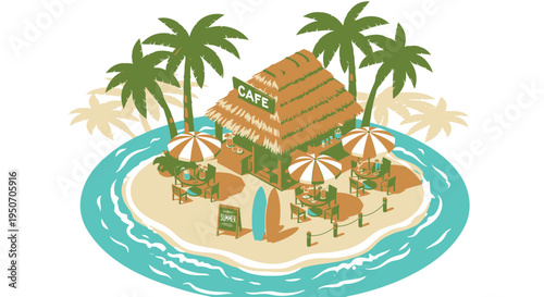 Vector illustration of a tropical island hut with palm trees