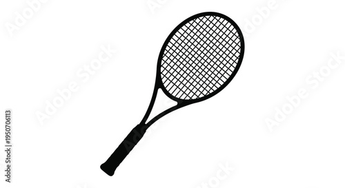 A black tennis racket depicted in a stark minimalist silhouette