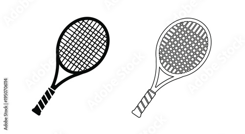 Two tennis rackets in a simple black and white illustration silhouette
