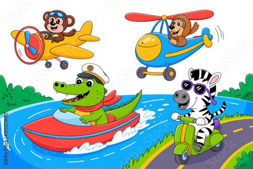 A colorful illustration of cartoon animals riding various vehicles on land and water on transparent background