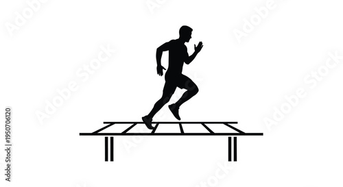A runner leaps over hurdles in a dynamic stark silhouette