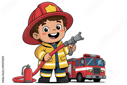 A cartoon boy dressed as a firefighter standing next to a fire truck on transparent background