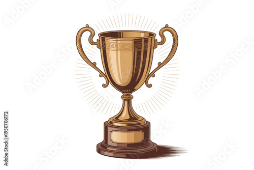 A gold trophy cup on a wooden base with a transparent background