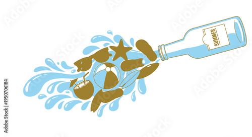 Vector illustration of fish and stars pouring out of a bottle