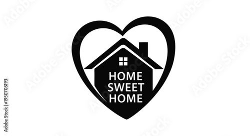A black house shape within a heart displaying home sweet home silhouette