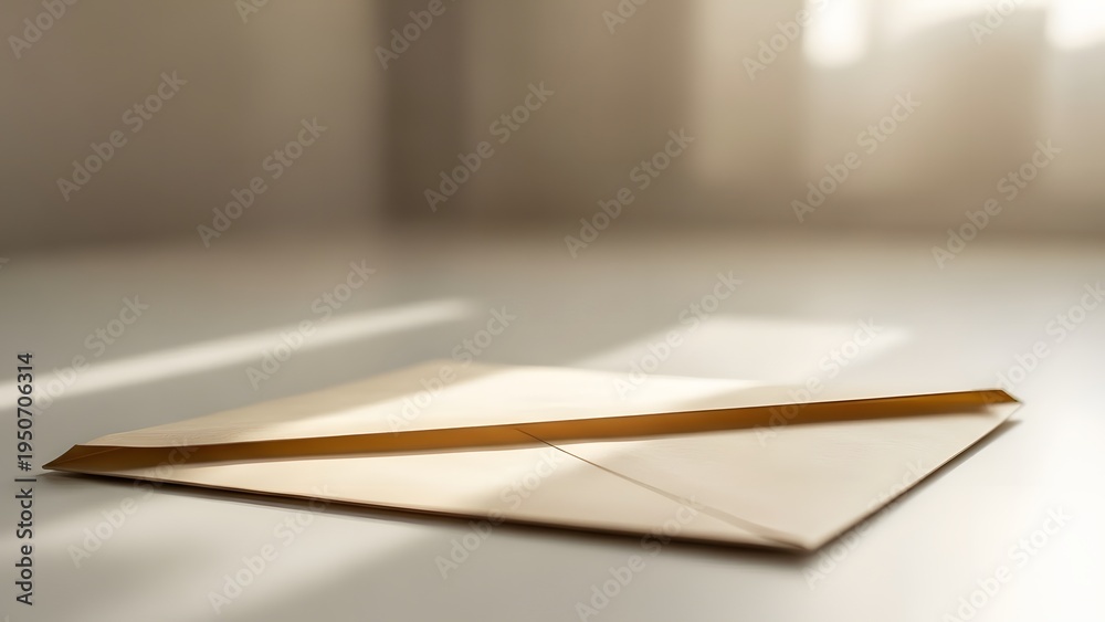 Naklejka premium Cream colored envelope lying flat on a white surface, casting a soft shadow and illuminated by gentle, diffused light.