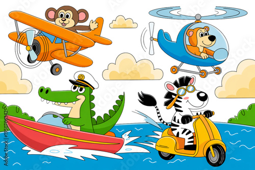 A colorful cartoon illustration of animals flying and riding vehicles on water on transparent background