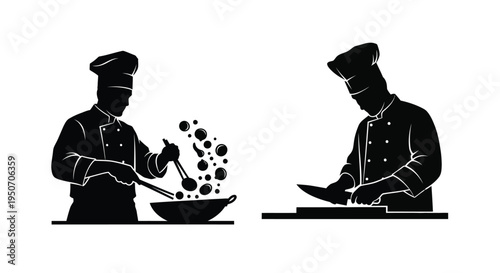 Two chefs preparing food with cooking utensils a striking silhouette