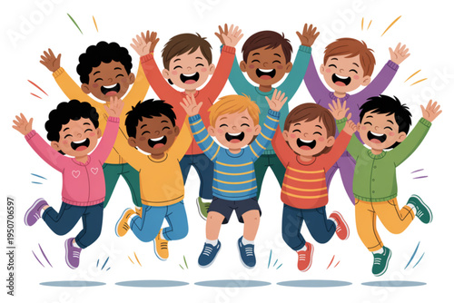 A colorful illustration of a diverse group of happy children jumping up in the air with their arms raised on transparent background
