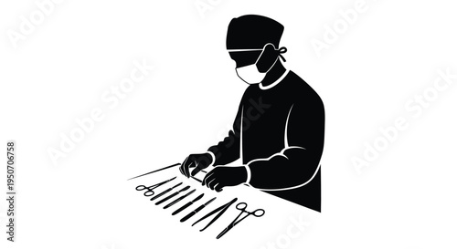 Surgeon preparing for surgery with instruments a striking silhouette