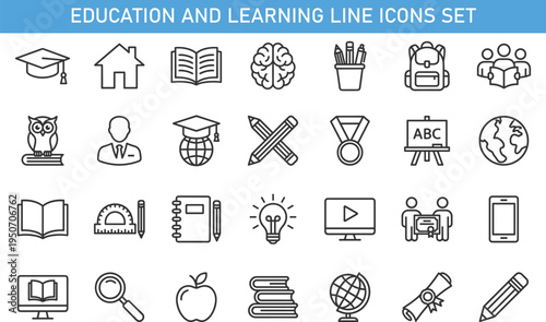 Education and learning line icons set including graduation cap, books, globe, brain, pencils, backpack, teacher, diploma, online learning, school tools vector illustration