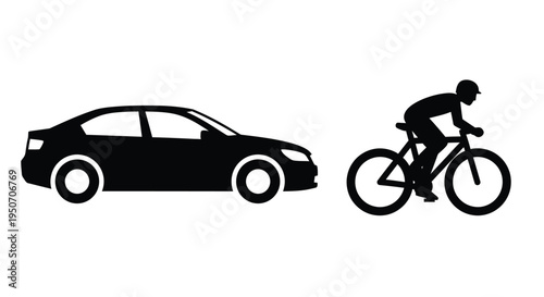 Black silhouettes of a car and cyclist side by side silhouette