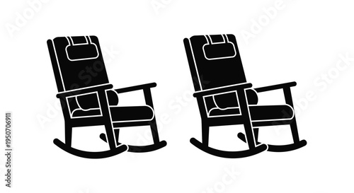 Two black rocking chairs are shown in a stark silhouette