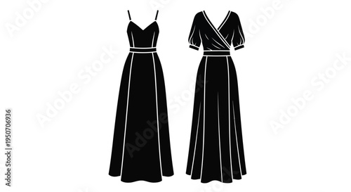 Two elegant evening dresses displayed as a striking black silhouette