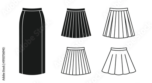Various skirt styles shown in a simple black and white silhouette
