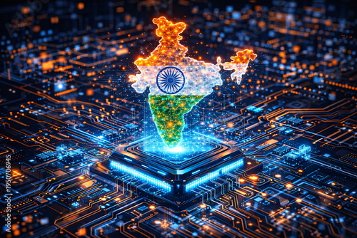 Futuristic Digital India Map Emerging from Microchip Processor on Advanced Circuit Board, Artificial Intelligence and Semiconductor Technology Concept, Glowing Data Network Visualization, High Tech In