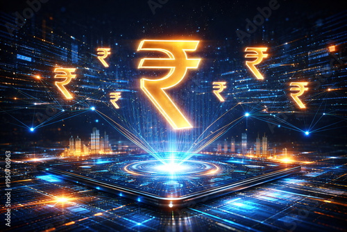 Glowing Digital Rupee Currency Symbol Emerging from Futuristic Financial Technology Platform, Digital Payment System and Indian Fintech Economy Concept