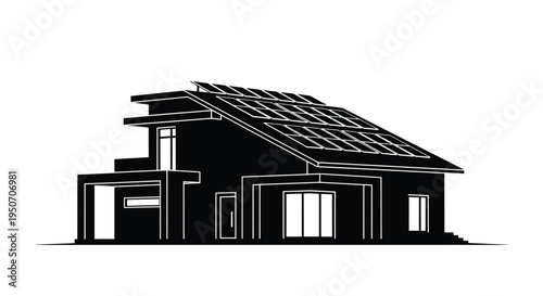Modern house with solar panels rendered as a striking silhouette