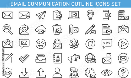 email communication outline icons set, mail message interface symbols collection, digital messaging vector icons, email marketing communication elements, online mail service UI icons