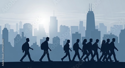 Silhouettes of diverse people walking in line towards city skyline