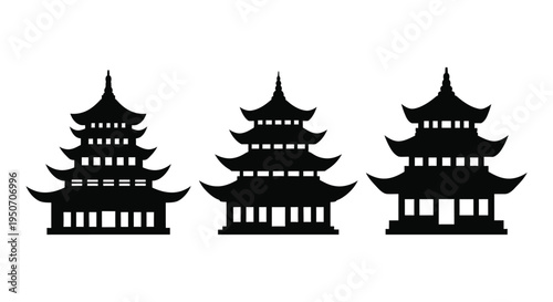 Three traditional asian pagodas depicted in a dark silhouette