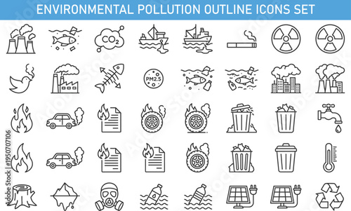 environmental pollution outline icons set, air water and waste pollution vector icons collection, climate change emissions recycling ecology sustainability line icons pack