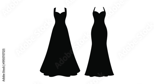 Two elegant evening gowns are displayed in black silhouette