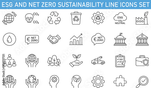 ESG and net zero sustainability line icons set, carbon neutral strategy, CO2 reduction, green energy policy, environmental governance vector illustration collection