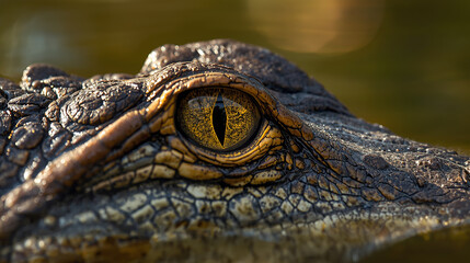 Crocodile Eye Close Up. Extreme close-up photo of a crocodile eye with detailed textured scales surrounding the eye, yellow-green iris with vertical pupil, natural light reflecting on the wet reptile 