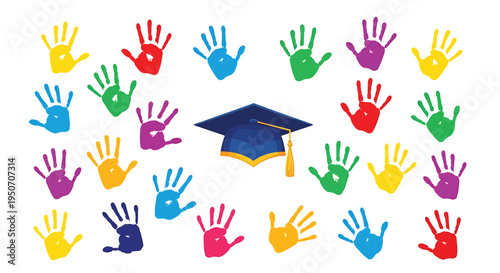 Set of 20 colorful handprints and graduation cap vector icons