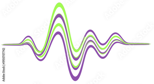 Dynamic abstract sound wave visualization in bright green and purple, depicting audio frequencies, music rhythm, or digital data flow.