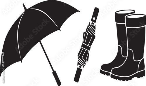 Rain Protection and Umbrella Gear Vector Silhouettes