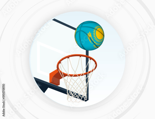 Kazakhstan Flag Themed Basketball in Motion, Scoring Moment in Basketball Game.