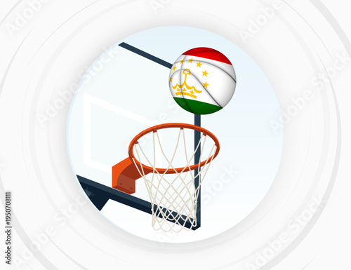 Tajikistan Flag Themed Basketball in Motion, Scoring Moment in Basketball Game.