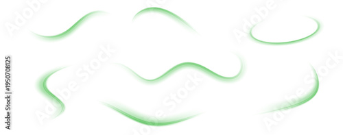 Set of green neon energy vortexes with radiant light and particle sparks. A vibrant, dynamic curve with a shimmering glow and elegant motion effect, isolated on a transparent background.