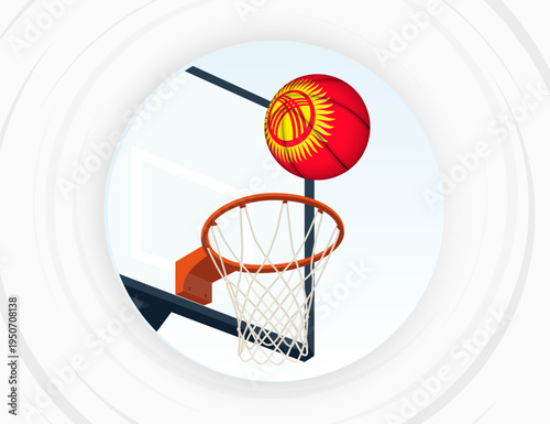 Kyrgyzstan Flag Themed Basketball in Motion, Scoring Moment in Basketball Game.