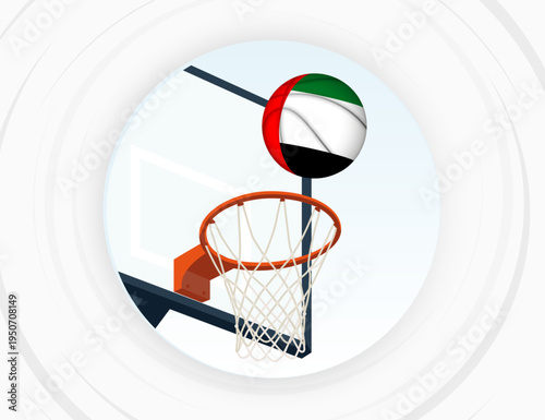 United Arab Emirates Flag Themed Basketball in Motion, Scoring Moment in Basketball Game.