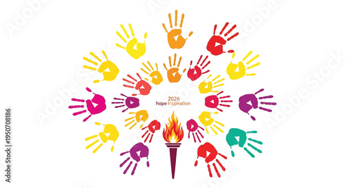 Set of colorful hand prints around a torch vector