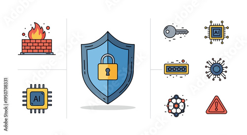 Digital security shield with padlock icon.