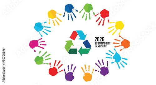 Set of colorful hands forming a circle around recycling symbol vector