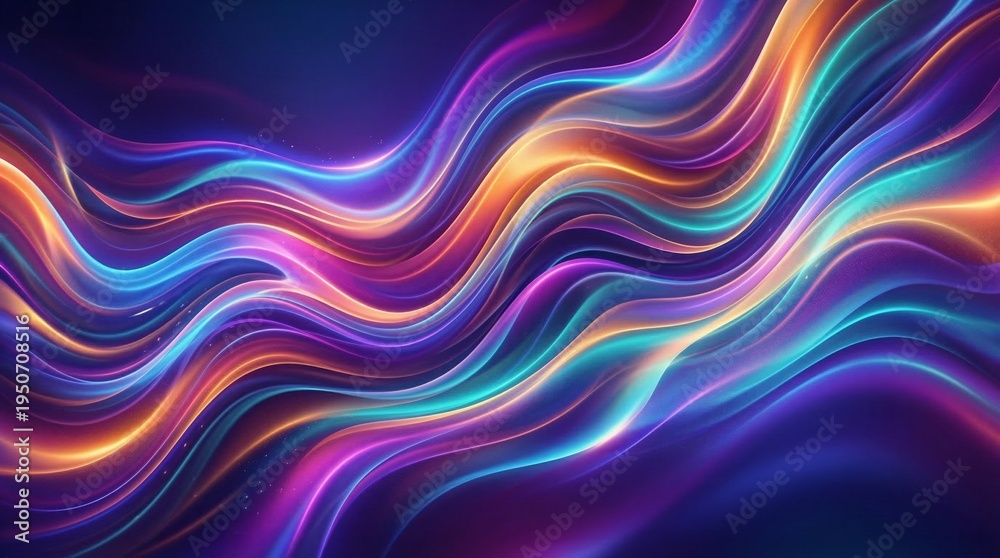 Fototapeta premium Vibrant wavy lines in shades of purple blue orange and pink create a mesmerizing abstract pattern on a dark background with glowing neon colors and a sense of movement and energy
