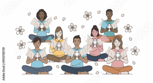Diverse group of people meditating together in a serene setting, promoting peace and mindfulness