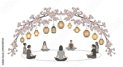 People meditating in a circle under a cherry blossom arch decorated with glowing lanterns, promoting wellness and community