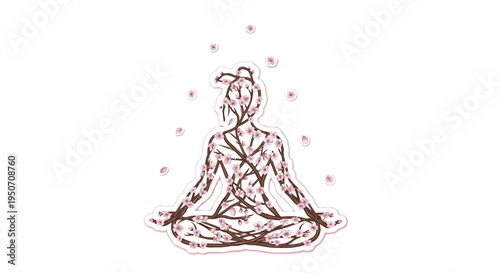 Woman meditating in lotus position, spiritual energy and mindfulness illustration, serene and calm mind