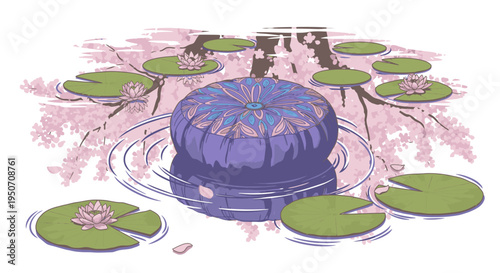 Zen garden meditation cushion floats on water surrounded by lily pads and cherry blossoms