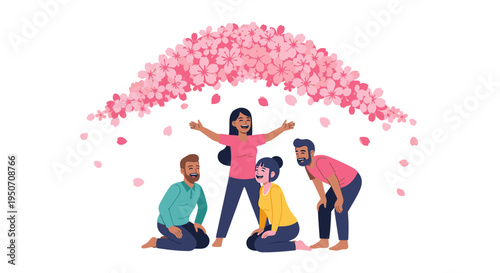 Diverse group of friends enjoying a shower of pink cherry blossom petals under a clear sky