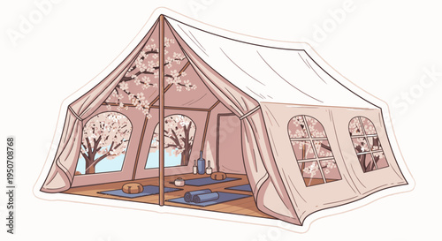 Cozy Glamping Tent Set Up for Yoga Retreat with Cherry Blossom Trees Outside