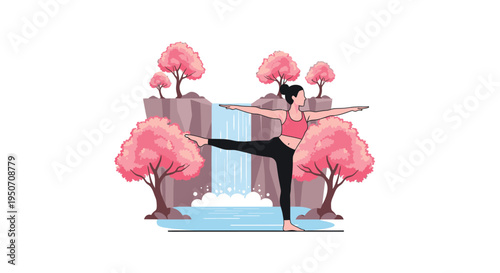 Woman practicing yoga in warrior 3 pose in serene natural landscape with waterfall and cherry blossom trees