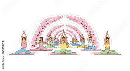 Diverse group of people practicing yoga in a serene setting with a floral archway, promoting wellness and mindfulness.